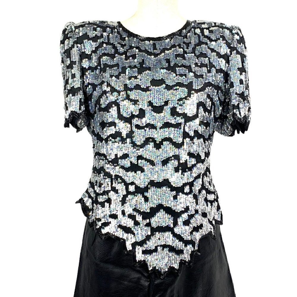 Vintage Laurence Kazar Sequin Short Sleeve Evening Top - Silver/Black, Sz Large